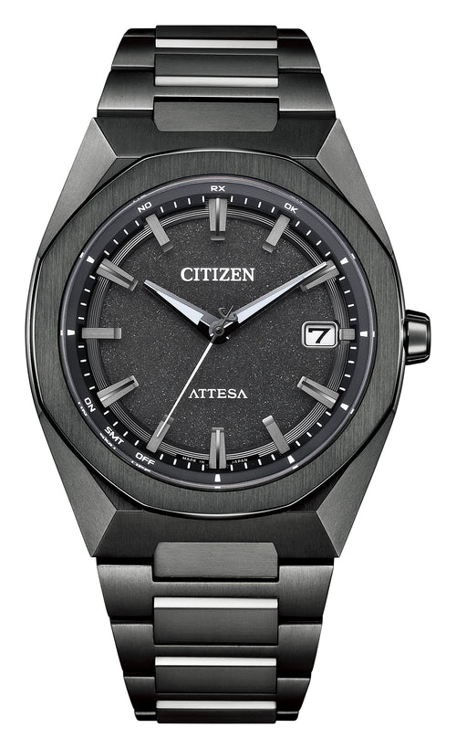 citizen attessa watch, super titanium, world time, radio controlled, solar charged, all black with date window.