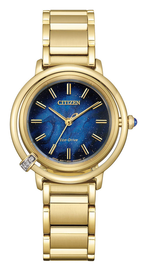 casio ladies solar powered watch. gold tone strap and basel, encrusted diamond with blue mother of pearl dial.