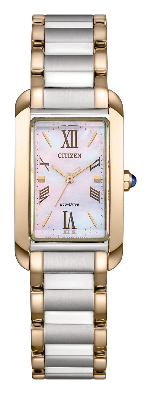 Two-tone Citizen watch with a rectangular face, solar powered, mother of pearl dial.