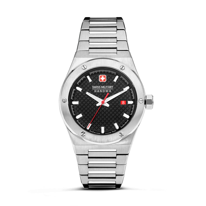 A stainless steel Swiss Military Hanowa watch with a black dial, metal bracelet, and red accents.