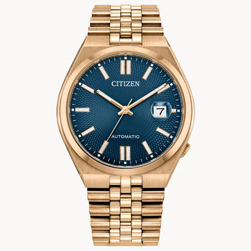 citizen watch,  men's, rose gold tone case and bracelet with blue dial. date window. jubilee bracelet